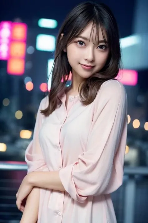 1girl,(wearing a pastel pink blouse:1.2),(RAW photo, best quality), (realistic, photo-realistic:1.4), masterpiece, an extremely delicate and beautiful, extremely detailed, 2k wallpaper, Amazing, finely detail, extremely detailed CG unity 8k wallpaper, ultra-detailed, highres, soft light, beautiful detailed girl, extremely detailed eyes and face, beautiful detailed nose, beautiful detailed eyes,cinematic lighting,city lights at night,perfect anatomy,slender body,light smile  <lora:marupi_lora:0.7>