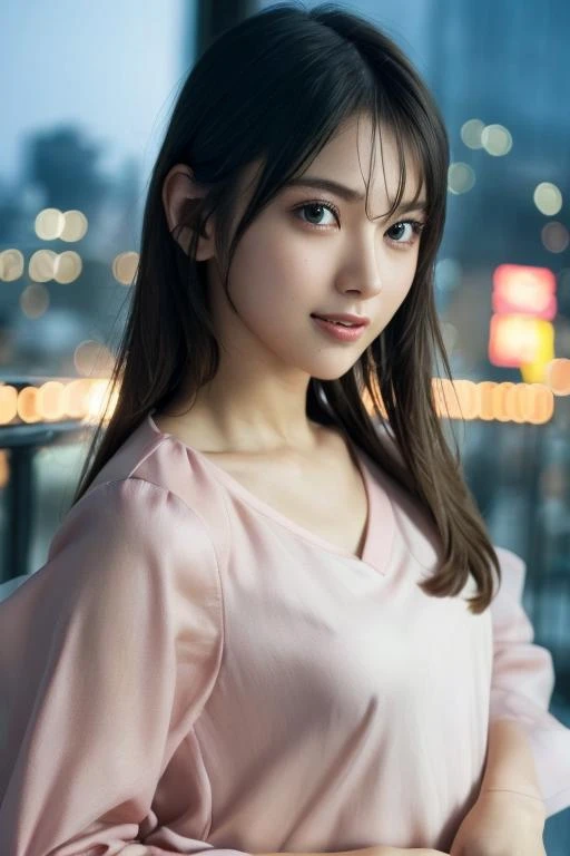 1girl,(wearing a pastel pink blouse:1.2),(RAW photo, best quality), (realistic, photo-realistic:1.4), masterpiece, an extremely delicate and beautiful, extremely detailed, 2k wallpaper, Amazing, finely detail, extremely detailed CG unity 8k wallpaper, ultra-detailed, highres, soft light, beautiful detailed girl, extremely detailed eyes and face, beautiful detailed nose, beautiful detailed eyes,cinematic lighting,city lights at night,perfect anatomy,slender body,light smile <lora:marupi_lora:0.7>