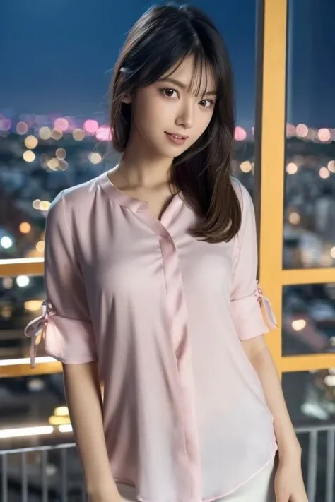 1girl,(wearing a pastel pink blouse:1.2),(RAW photo, best quality), (realistic, photo-realistic:1.4), masterpiece, an extremely delicate and beautiful, extremely detailed, 2k wallpaper, Amazing, finely detail, extremely detailed CG unity 8k wallpaper, ultra-detailed, highres, soft light, beautiful detailed girl, extremely detailed eyes and face, beautiful detailed nose, beautiful detailed eyes,cinematic lighting,city lights at night,perfect anatomy,slender body,smiling  <lora:marupi_lora:0.7>
