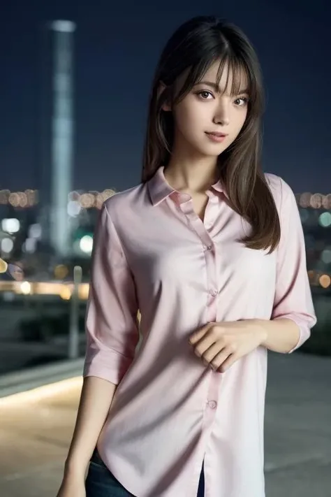1girl,(wearing a pastel pink blouse:1.2),(RAW photo, best quality), (realistic, photo-realistic:1.4), masterpiece, an extremely delicate and beautiful, extremely detailed, 2k wallpaper, Amazing, finely detail, extremely detailed CG unity 8k wallpaper, ultra-detailed, highres, soft light, beautiful detailed girl, extremely detailed eyes and face, beautiful detailed nose, beautiful detailed eyes,cinematic lighting,city lights at night,perfect anatomy,slender body,smiling  <lora:marupi_lora:0.7>