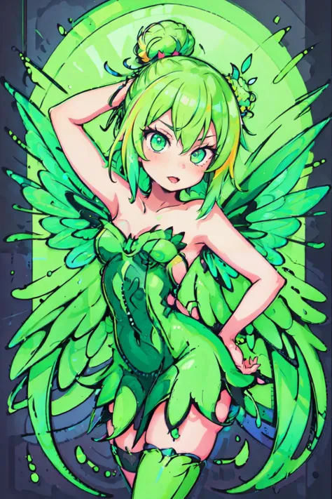 highly detailed, sharp focus, illustration,  high sharpness, masterpiece, multicolored neon hair, neon magic, neon splashes, <lyco:EnvyRadioactive01:0.8>, (neon colors), TinkerWaifu, single hair bun, strapless green dress, fairy wings, <lora:tinkerbell_character:0.7>,  <lora:st41nedg5CIVIT:0.4>,  <lyco:EnvyCuteMix08:0.6>