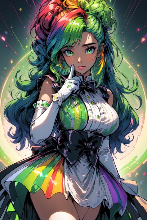 (masterpiece, best_quality, ultra-detailed, immaculate:1.3), epic, illustration, render, volumetric lighting, welcoming, Finger Lime entity, see-through gossamer, , in Japan, striped elbow gloves, neon green color scheme, multicolored hair, bombshell hair, rainbow hair, half updo,Blowout Curls, upside-down<lyco:EnvyRadioactive01-sd15-d:1>  <lora:Niji_Slime:0.3>