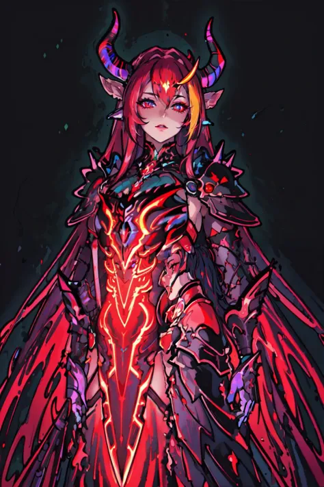 highly detailed, sharp focus, illustration,  high sharpness, ultra realistic, masterpiece, standing, fantasy, queen, goddess, divine, cursed, dark fantasy, red neon demon eyes, (beautiful draenei horns), hair over one eye,  night, red neon moon, gorgeous queen, succubus, perfect body,  (neon colors), multicolored neon red hair, neon magic, neon splashes,<lora:DRK_Fashion:0.7>,  <lyco:EnvyRadioactive01:0.8>,   <lora:st41nedg5CIVIT:0.4>,style-nebmagic