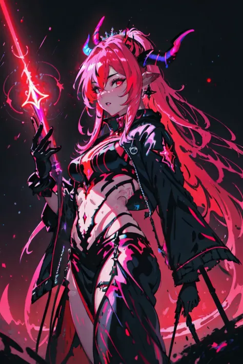 highly detailed, sharp focus, illustration,  high sharpness, ultra realistic, masterpiece, standing, fantasy, queen, goddess, divine, cursed, dark fantasy, red neon demon eyes, (beautiful draenei horns), hair over one eye,  night, red neon moon, gorgeous queen, succubus, perfect body,  (neon colors), multicolored neon red hair, neon magic, neon splashes,<lora:DRK_Fashion:0.7>,  <lyco:EnvyRadioactive01:0.8>, style-nebmagic, <lora:betterEyes:0.5> ,  <lora:EnvyBeautyMix09:0.5>