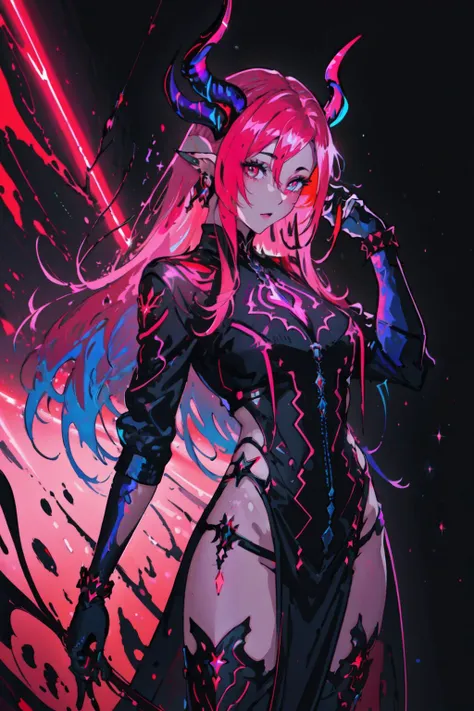 highly detailed, sharp focus, illustration,  high sharpness, ultra realistic, masterpiece, standing, fantasy, queen, goddess, divine, cursed, dark fantasy, red neon demon eyes, (beautiful draenei horns), hair over one eye,  night, red neon moon, gorgeous queen, succubus, perfect body,  (neon colors), multicolored neon red hair, neon magic, neon splashes,<lora:DRK_Fashion:0.7>,  <lyco:EnvyRadioactive01:0.8>, style-nebmagic, <lora:betterEyes:0.5> ,  <lora:EnvyBeautyMix09:0.5>