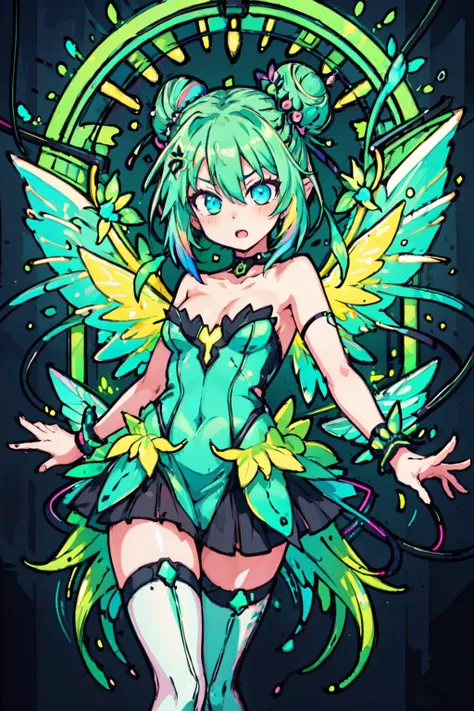 highly detailed, sharp focus, illustration,  high sharpness, masterpiece, multicolored neon hair, neon magic, neon wings, neon splashes, <lyco:EnvyRadioactive01:0.8>, (neon colors), TinkerWaifu, single hair bun, strapless green dress, fairy wings,  <lora:st41nedg5CIVIT:0.4>,  <lyco:EnvyCuteMix08:0.6>,  style-paintmagic,   <lora:GoodHands-vanilla:1>