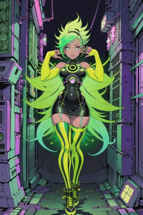 (masterpiece, best_quality, ultra-detailed, immaculate:1.3), epic, illustration, 1girl, (avant-garde Neo-Tokyo:1.3) catgirl, full body, [:creative, formal costume design,:0.2], official art, dark skin, soft white lighting , in a  submarine,  striped legwear, neon green color scheme, multicolored hair, bombshell hair, neon gold hair, spiked hair, yoga<lyco:EnvyRadioactive01-sd15-d:1><lyco:EnvyElegance:0.7>