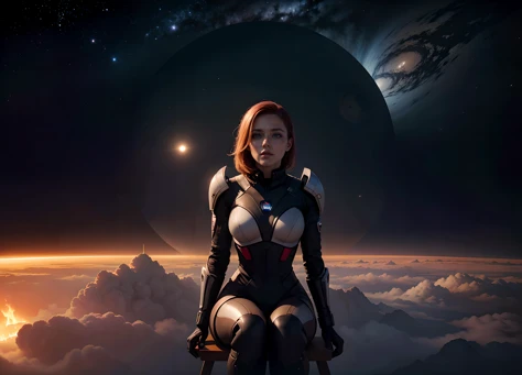 a woman sitting on a chair in front of a large window with a view of a fiery red and blue star, Eve Ryder, mass effect, concept art, space art, epic sci-fi artwork, looking out of the window <lora:epiCRealismHelper:1> <lora:SDXLrender_v1.0:0.6> <lora:popular:1>