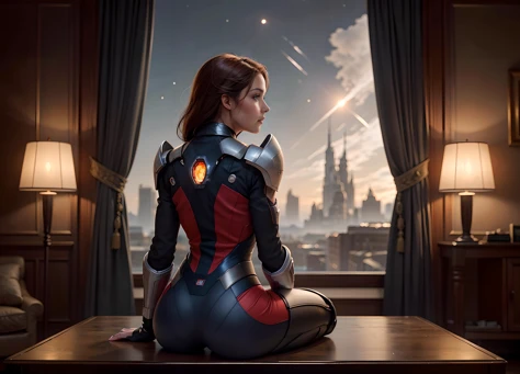 a woman sitting on a chair in front of a large window with a view of a fiery red and blue star, Eve Ryder, mass effect, concept art, space art, epic sci-fi artwork, looking out of the window <lora:epiCRealismHelper:1> <lora:SDXLrender_v1.0:0.6> <lora:popular:1>