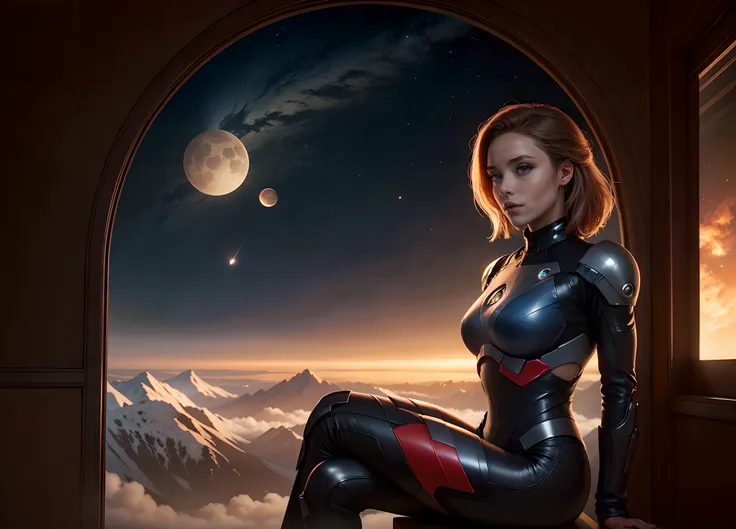 a woman sitting on a chair in front of a large window with a view of a fiery red and blue star, Eve Ryder, mass effect, concept art, space art, epic sci-fi artwork, looking out of the window <lora:epiCRealismHelper:1> <lora:SDXLrender_v1.0:0.6> <lora:popular:1>