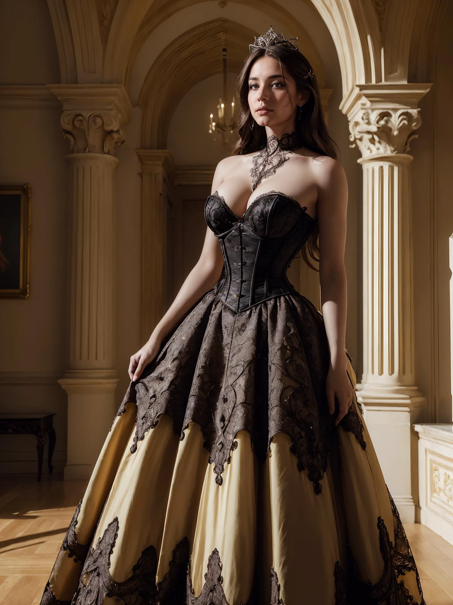 Belle, (yellow dress, tiara, long skirt), in the grand hall of a mansion, <lora:Outfit_EmpressCorset:0.9>3mpr3ss, corset, posture collar, Mj, cinematic, (masterpiece:1.5), (absurdres:1.5), modelshoot style, (8k uhd:1.5), (4k, intricate:1.5), (incredibly pornographic:0.8), (intricately erotic:0.5), (absurdley arousing:1.5), (massively alluring:1.5), (realistic:1.5), (photo realistic:1.5), (high quality shadow:1.5), (extremely detailed hair:1.5), (ultra high quality:1.5), (best quality:1.5), (highly detailed textures:1.5),