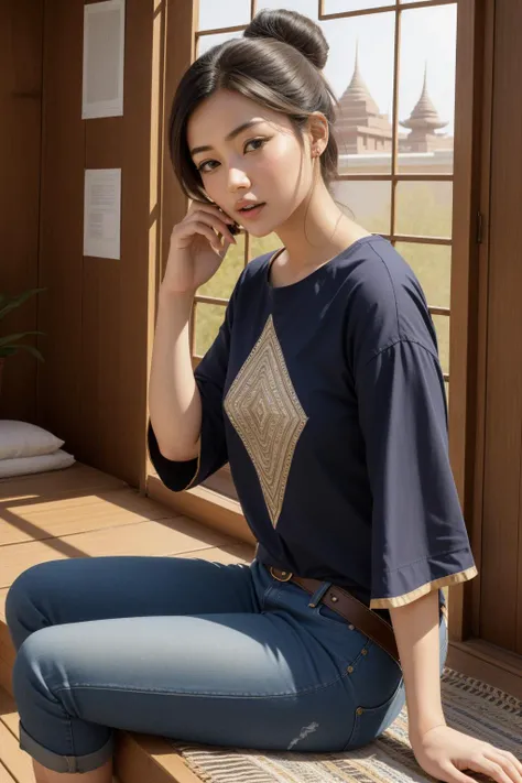 1girl, [ (designed by Polly Norman:1.0) : (Frederick Sandys:1.2) :1], surrealism art, professional kachina doll, mundane Painting, epic Concept art of a Rule of Thirds, in a very Elder dark indigo Thai Bamboo [Traditional attire:Boyfriend jeans and t-shirt:1], Dense Feminine broad-shouldered Tang Dynasty (Woman:1.3) , the Woman is sitting and talking, she is from the 1300's, ð¤, she is yawning, her hair is wabi-sabi and styled as Box cut, she has a Exquisite Zulu Brown Cellphone, No makeup, from inside of a Crude Bamako, Indian garden and Terrestrial planet in background, at Dawn, deep focus, Sketched, Sci-Fi, Glitchcore, Sun Rays, F/5, Provia, vibrant, fairy tale, highly detailed face, pale skin, Concept Art World, RTX, black and white, science fiction
