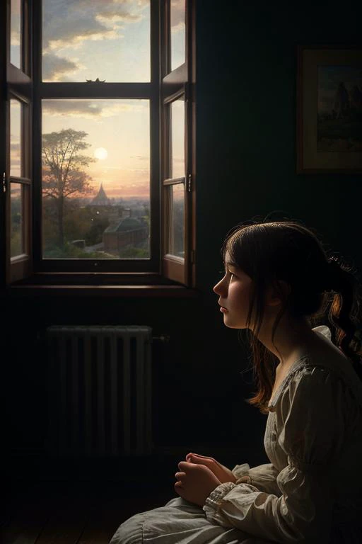 PA7_Photo, Capture a scene of quiet solitude as the female subject sits by a window, gazing out at the world beyond the Sanitarium, her expression unreadable, bathed in the soft, cool light of dusk, George Cruikshank style illustration, (best-quality, masterpiece, photo-realistic)1.2