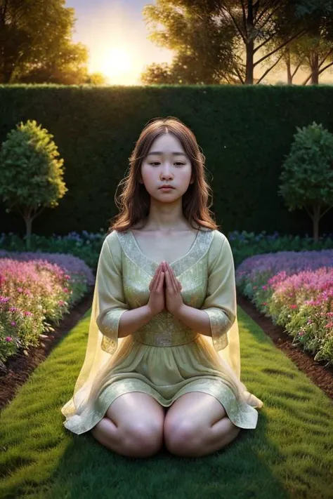 PA7_Photo, Capture a moment of quiet contemplation as the female subject tends to the garden, her hands gently caressing the soil, with the sun setting behind her, casting a warm, ethereal glow, Fang Lijun style illustration using Rembrandt lighting, (best-quality, masterpiece, photo-realistic)1.2