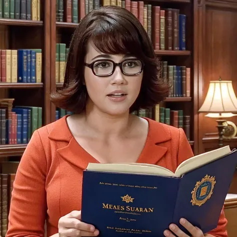 <lora:Velma_train2:0.8> closeup shot of velma, reading a large ancient book in a library