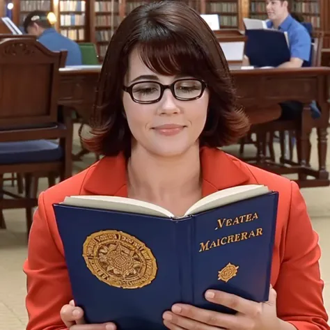<lora:Velma_train2:0.8> closeup shot of velma, reading a large ancient book in a library