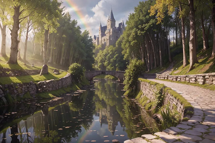 (a beautiful cobblestone bridge going over a river:1.5) (Irish-castle-in-the-distance:1.4) (epic-fantasy:1.4) (fairy-tale-forest:1.4) (fairy-tale-scene:1.4) (rainbow-magic:1.4) (breathtaking:1.4) (picturesque:1.4) (idealistic:1.4) (masterfully-portrayed:1.4) (cleverly-shown:1.4) (properly-done:1.4) (excellent-depiction:1.4) (stunning-environment:1.4) (skilled:1.4) (vray:1.4) (16k-uhd:1.4) (irresistible:1.4) (detailed:1.4) (lumen-reflections:1.4) (maximalist:1.4)