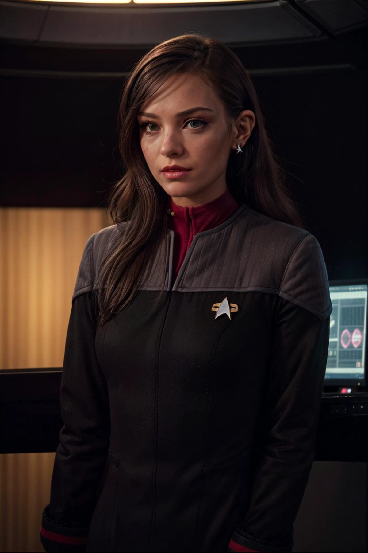 (ds9st command clothes:1.3),
Character: A beautiful woman, arrogant and alluring, her features are lit by the glow of computer screens, Attire: starfleet uniform, Accessories: Planet earrings and a watch, Hair and Makeup: Long black wavy hair with short bangs, Presence: Standing in the center of a Starship bridge commanding attention. <lora:add_detail:1> <lora:epiCRealismHelper:1> <lora:Ds9Divi:0.8>