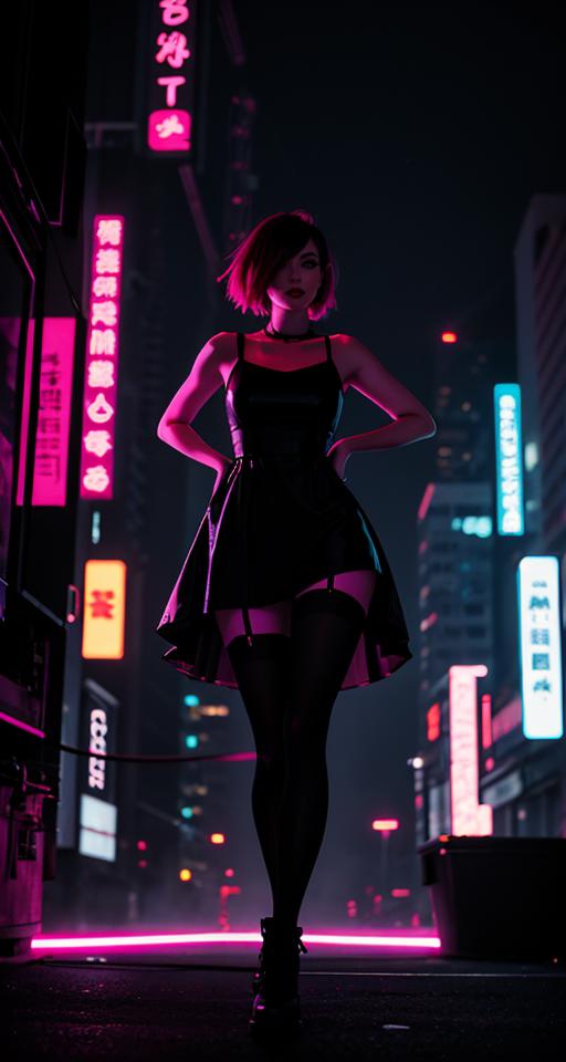 A woman in a short dress standing on a city street at night - SeaArt AI
