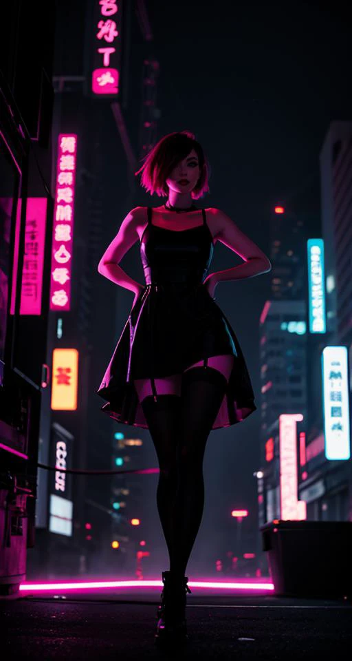 1girl, dark-pink-short-hair, cyberpunk, neon-light, wide-angle, simple-outfit, hite dress, (dark, foggy, dimly lit, silhouette:1.2), stocking, crossing-legs, closeup-portrait-of-a-beautiful-and-cute-24yo-female, big-busty-curvy, ultra-detailed-chiseled-face, dark-detailed-eyes, realistic-skin-texture, medium-wavy-hairstyle-dark-haircolor-with-blonde-streaks, bold-makeup-and-fierce-expression, casual-clothing, glossy-lips, blushing, dimples, light-smile, optimal-lighting, leica-sl2-shot, pov-face, (best-quality, masterpiece, photo-realistic)1.2
