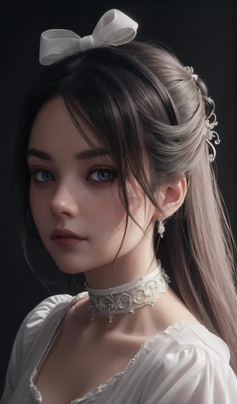 Fine arts of aesthetic and beauty, a-beautiful-24yo-female, ultra-detailed-face, x hair ornament, hair ribbon, white shirt, choker, best proportions, dark-detailed-eyes, lighting and composition create a hauntingly beautiful image, (best-quality , masterpiece , photo-realistic)1.2, european