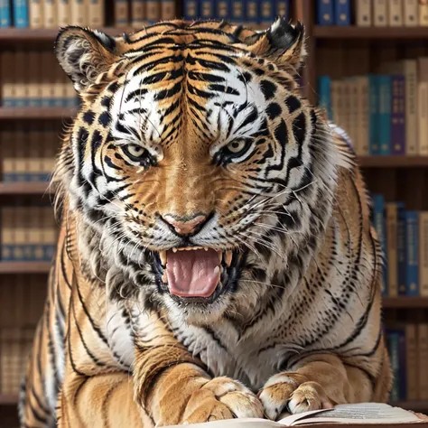 a tiger in a library <lora:Auto_Singing_Bowl_Striker:1>