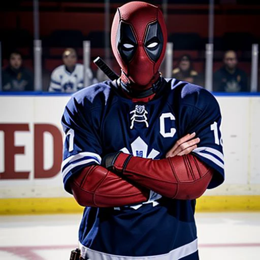 deadpool wearing a blue and white toronto maple leafs hockey jersey, two katanas on back, standing with arms crossed,