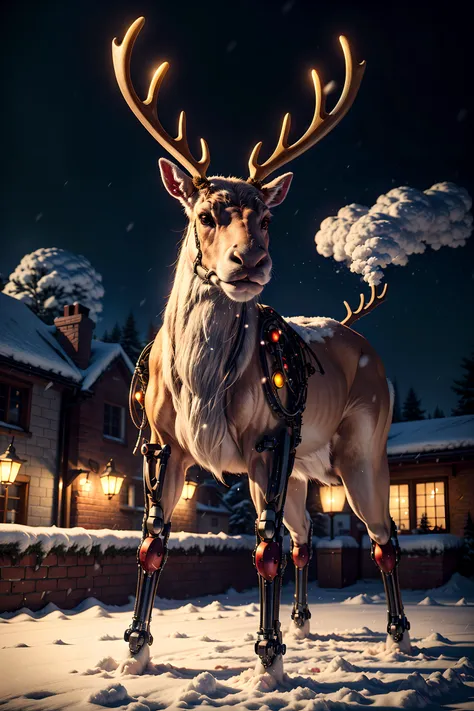 A very large muscular cybernetic (reindeer:1.2), red nose, green eyes, standing on a rooftop, looking angry, snowing, steam coming from nostrils, (cinematic lighting:1.2) <lora:add_detail:1> <lora:popular:1> <lora:SDXLrender_v1.0:0.6> <lora:tangbohu-detailmaker_v2.5:0.8>