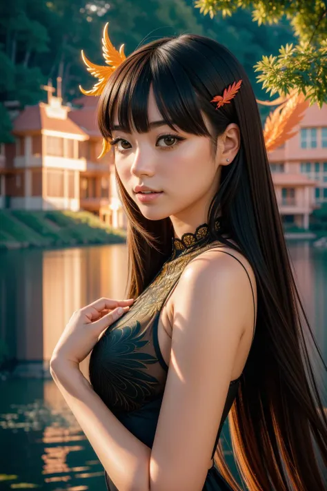 1girl, (stylized by Takeshi Koike:1.3) and (Louis-Léopold Boily:1.3) , appealing Redshift render, dense forest and lake, hyper detailed, close-up shot of a Personal [Honorable:Detestable:20] ([Phoenix|Mansion]:1.3) , intricate details, simple DayGlo background, at Golden hour, Bokeh, Sketch, Depressing, Health Goth Art, dramatic lighting, Selective focus, Kodak portra, full of color, Elegant, ultra high res, photolab, flowing