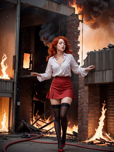 Photo of a woman shrouded in fire and smoke, standing fearlessly in a burning building, action shot, enshrouded in flame, one with the fire, (glowing red hair:1.32), (ethereal quality:1.33), wearing a skirt, (blowing-hair:1.25), cleavage, stockings, irresistible, whimsical detail, sharp, hires,