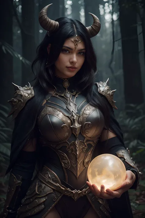 Mj, cinematic, a woman holding a sword next to a giant demon in a dark forest with a glowing orb in her hand, Chris Rahn, dark fantasy art, concept art, (fantasy art:1.2), (demon in background:1.3), (magic:1.34), (high quality shadow:1.32), (ultra high quality:1.32), (best quality:1.32), (highly detailed textures:1.29), (exquisitely artistic:1.44), crazy-flexible-pose, (masterpiece:1.34), (detailed quality skin:1.35), (detailed quality hair:1.35), ((the-best-of-the-best-of-everything)), ((bodily-equalities))