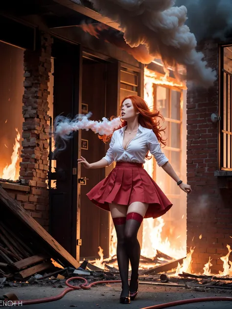 Photo of a woman shrouded in fire and smoke, standing fearlessly in a burning building, action shot, enshrouded in flame, one with the fire, (glowing red hair:1.32), (ethereal quality:1.33), wearing a skirt, (blowing-hair:1.25), cleavage, stockings, irresistible, whimsical detail, sharp, hires,