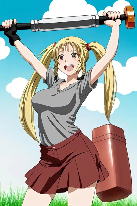 A woman with pigtails holding a very large hammer and a happy expression, anime style