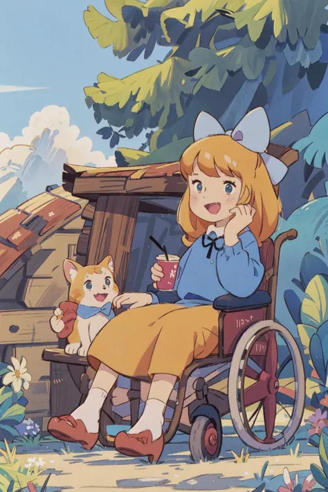 <lora:0 ALPSkurara:1>,kurara,sitting,wheelchair,outdoors,long skirt,retro artstyle,1970s \(style\),:d,