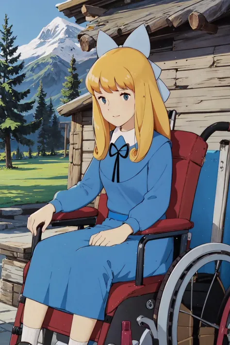 <lora:0 ALPSkurara:1>,kurara,sitting,wheelchair,outdoors,long skirt,