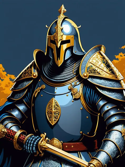 graphical anime portrait of A valiant knight, wielding an enchanted sword:1.3, in a medieval fantasy realm:1.3, with a noble and heroic stance:1.3, adorned in shining armor:1.3, and an unwavering sense of honor:1.3., Retro-tech , <lora:Fusion_Graphic_SDXL:1>