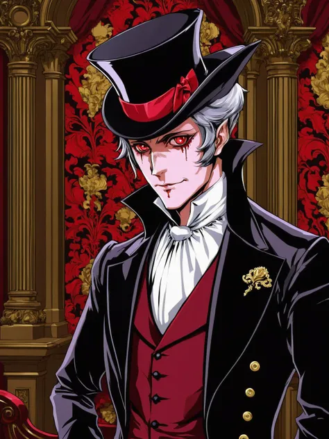 graphical anime portrait of A charming vampire aristocrat, clad in opulent Victorian attire:1.3, in a lavish gothic mansion:1.3, with hypnotic crimson eyes:1.3, an air of sophistication:1.3, and a thirst for blood:1.3. , <lora:Fusion_Graphic_SDXL:1>