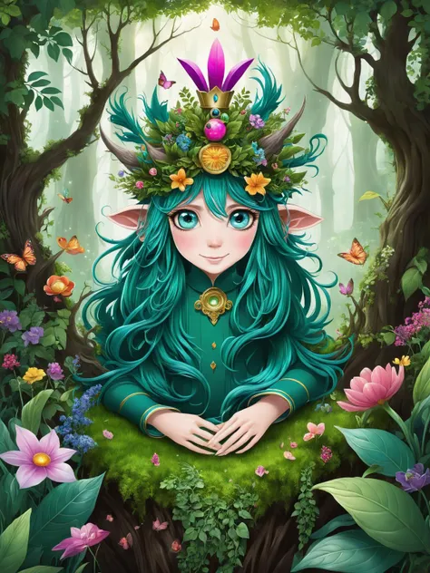 graphical anime portrait of A whimsical and mischievous forest spirit, with a crown of flowers:1.4, in a enchanted woodland:1.4, with a playful demeanor:1.4, bright, twinkling eyes:1.4, and an affinity for pranks and laughter:1.4., High-tech , <lora:Fusion_Graphic_SDXL:1>
