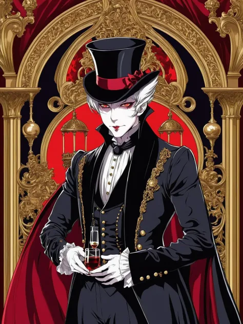 graphical anime portrait of A charming vampire aristocrat, clad in opulent Victorian attire:1.3, in a lavish gothic mansion:1.3, with hypnotic crimson eyes:1.3, an air of sophistication:1.3, and a thirst for blood:1.3., Intergalactic , <lora:Fusion_Graphic_SDXL:1>
