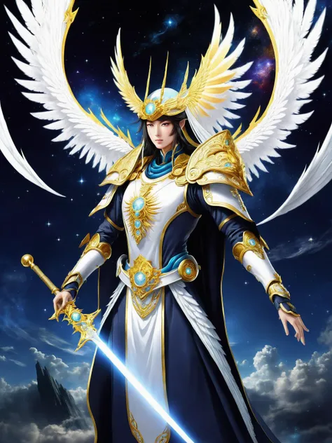 graphical anime portrait of a captivating anime portrait of a celestial warrior, ethereal beauty:1.2, with celestial wings:1.2 unfurled, illuminated by a radiant aura:1.2, exuding a divine presence:1.2, adorned in celestial armor:1.2. , <lora:Fusion_Graphic_SDXL:1>