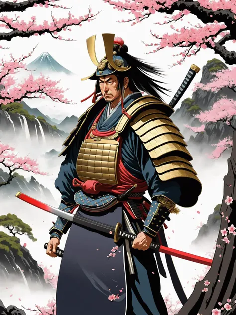 graphical anime portrait of A formidable samurai warrior, wielding a katana:1.4, on a serene cherry blossom-strewn battlefield:1.4, with a stoic and disciplined stance:1.4, adorned in traditional armor:1.4, and a code of honor:1.4., Urban panorama , <lora:Fusion_Graphic_SDXL:1>
