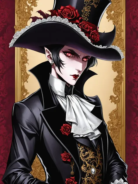 graphical anime portrait of A charming vampire aristocrat, clad in opulent Victorian attire:1.3, in a lavish gothic mansion:1.3, with hypnotic crimson eyes:1.3, an air of sophistication:1.3, and a thirst for blood:1.3. , <lora:Fusion_Graphic_SDXL:1>