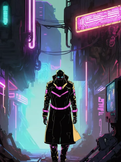 A character in a trench coat:1.2 approaches a dilapidated cyber-mech:1.3, laying dormant in an alley, and awakens it, initiating a cascading sequence of neon lights and hydraulic movement, an embodiment of the video's retro-futuristic allure:1.5. , <lora:Fusion_Graphic_SDXL:1>