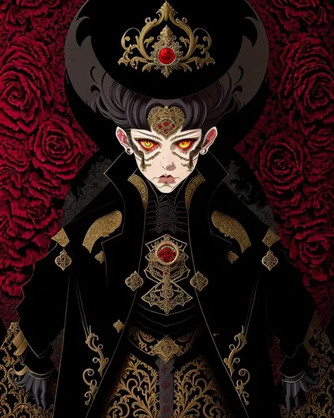 graphical anime portrait of A charming vampire aristocrat, clad in opulent Victorian attire:1.3, in a lavish gothic mansion:1.3, with hypnotic crimson eyes:1.3, an air of sophistication:1.3, and a thirst for blood:1.3. , <lora:Fusion_Graphic_SD15:1>