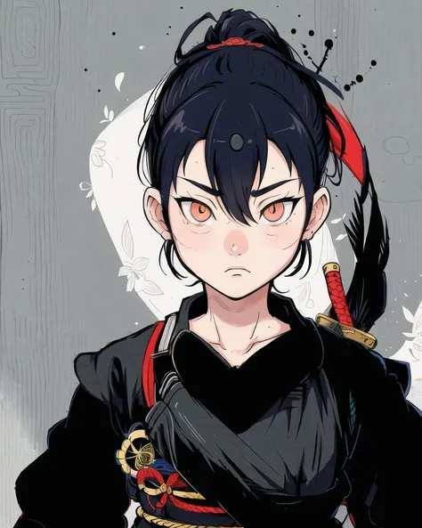 graphical anime portrait of A stoic ninja assassin, clad in traditional garb:1.4, concealed in shadows:1.4, with a keen katana:1.4, eyes sharp as a hawk:1.4, and an enigmatic aura:1.4. , <lora:Fusion_Graphic_SD15:1>