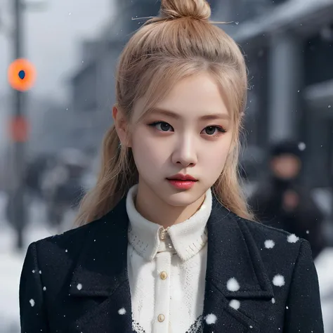 hyper realistic lifelike texture dramatic lighting unreal engine trending on art station, award winning photo, nikon RAW photo,8 k, Fujifilm XT3,masterpiece, best quality, realistic, photorealistic, ultra detailed, extremely detailed face, solo,1girl, standing, fashionable and trendy atmosphere, high-end makeup products, and a stylish expression on her face, snowing, wearing jacket outside, (upper body),
