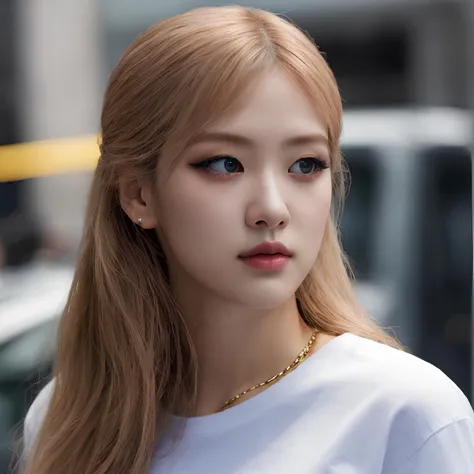 hyper realistic lifelike texture dramatic lighting unreal engine trending on art station, award winning photo, nikon RAW photo,8 k, Fujifilm XT3,masterpiece, best quality, realistic, photorealistic, ultra detailed, extremely detailed face, solo,1girl, standing, fashionable and trendy atmosphere, high-end makeup products, and a stylish expression on her face, close up, t-shirt, smooth hair