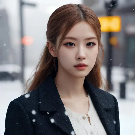 hyper realistic lifelike texture dramatic lighting unreal engine trending on art station, award winning photo, nikon RAW photo,8 k, Fujifilm XT3,masterpiece, best quality, realistic, photorealistic, ultra detailed, extremely detailed face, solo,1girl, standing, fashionable and trendy atmosphere, high-end makeup products, and a stylish expression on her face, snowing, wearing jacket outside, (upper body),