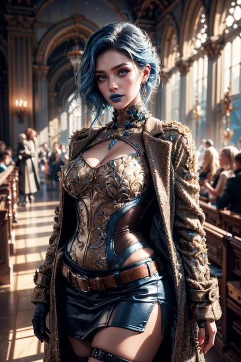 {{MAYABL2}},(space opera, A sci-fi medieval church,Blue and yellow theme),neat,depth of field,plant(Blue flower),
see-through gloves, belt,flowers tattoo,Master,(coat,overcoat:1.3),break(High_neck bodysuit),break enchanted (Cassock,suspender skirt),jewelry, necklace,earrings,(hair ornament:1.1),
(masterpiece:1.3),(photorealistic,ultra-realistic,best quality,insane detailed:1.3),8k,(Cinematic light contrast,saturated colors,soft light, sharp),light particles,ray_tracing, reflection light,film grain,soft,moody lighting,dramatic,High quality texture,
(skin texture,flawless skin,beautiful image:1.3),sweaty skin,smile,royal,divine,elegance,
(carefully cut hairstyle,blue hair,Updo,swept bangs),(makeup,blue lipstick,mascara, blush,eyeshadow:1.1),(Thick body,hourglass figure,mature female:1.3),,cowboy shot,soloï¼
<lora:mayabl2-guy-v3:0.6> ,<lora:FlowersFashion:0.45> flowersfashion, <lora:detail_slider_v4:2> ,more detail,