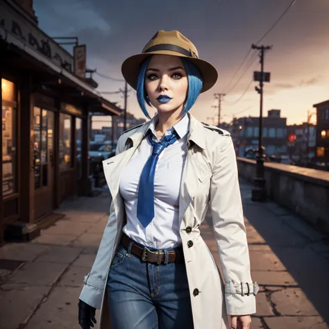 maya (borderlands 2), tattoo, short hair, blue hair, breasts, makeup, pants, belt, lipstick, blue lips, science fiction, denim, single glove,  jeans, (((white collared shirt, tie, trench coat, Fedora))) <lora:maya_(borderlands_2):0.75>